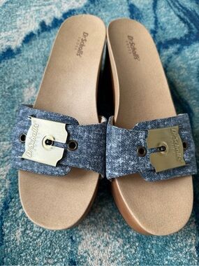 Dr. Scholl's Blue Denim-Look Platform Slide with Brass Buckle